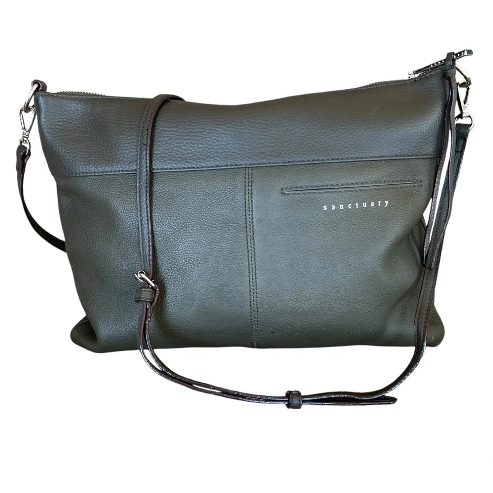 Sanctuary Olive Green Pebbled Leather Top Zip Crossbody Shoulder Bag - Picture 1 of 12